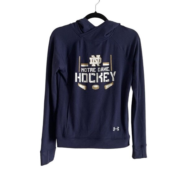Under Armour Notre Dame Hockey Women SZ XS Navy Blue Hooded L/S Pocketed T-Shirt - Picture 1 of 10